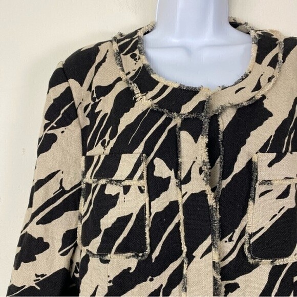 MICHAEL MICHAEL KORS Linen Black Print Snap Front Jacket Fringe Detail Size 14 - Picture 3 of 9